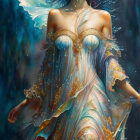 Regal female figure with crown and wings in colorful gown surrounded by water droplets