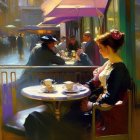 Elegantly dressed women at cafe table in Parisian setting