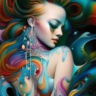 Colorful surreal portrait of a woman with swirling hair and ornate details