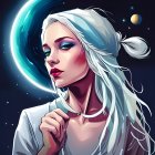 Fantasy digital artwork of silver-haired woman in cosmic attire with stars and planets against dark space.