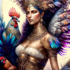 Colorful artwork featuring woman with feathered headdress and roosters