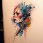 Stylized portrait of a woman with floral hair, watercolor drips, and abstract butterfly.