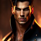 Digital illustration: Sharp-featured man in leather jacket with styled hair and chain, against warm backdrop