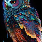 Colorful Owl Illustration with Intense Eyes on Starry Night Background