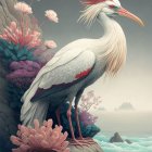 Detailed illustration of majestic white bird perched on rocky outcrop amidst blossoming flowers and smaller birds,