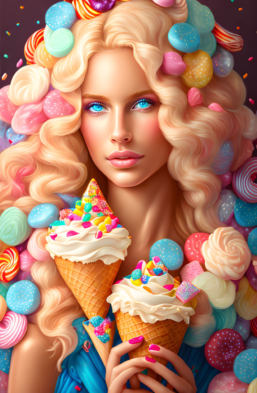 Colorful portrait of woman with blond curls and sweets, holding ice cream cones