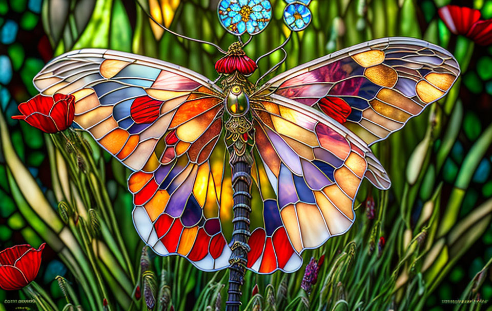 Colorful Stained Glass Butterfly Artwork with Floral Background