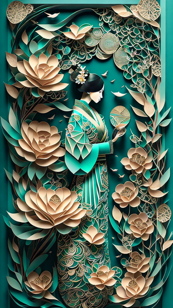 Intricate paper art of woman in traditional attire with green and gold floral pattern