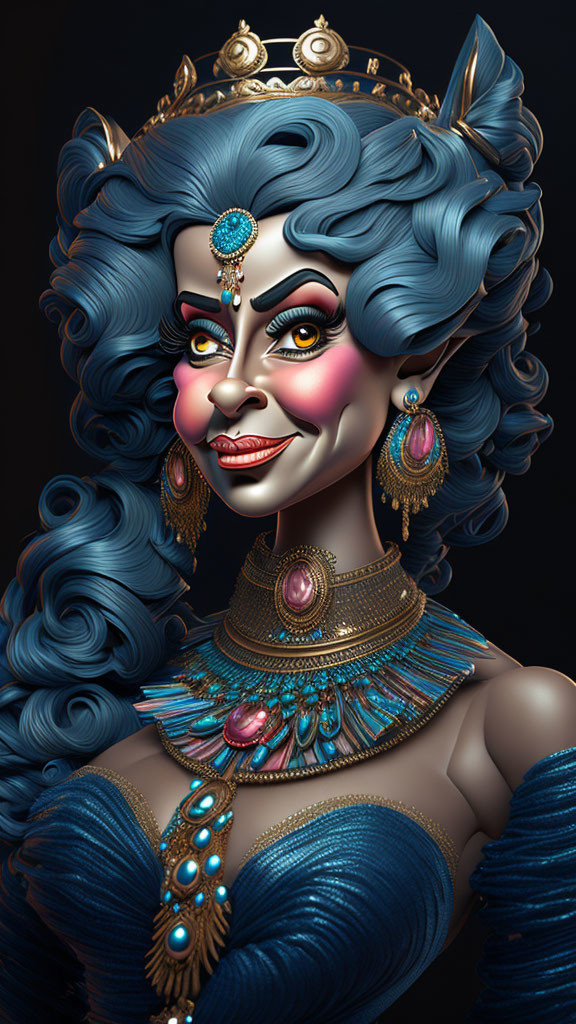 Blue-haired animated character with elaborate golden jewelry and crown in intricate design.