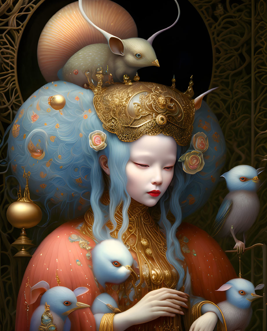 Fantastical portrait of a woman with blue skin, golden crown, birds, and snail