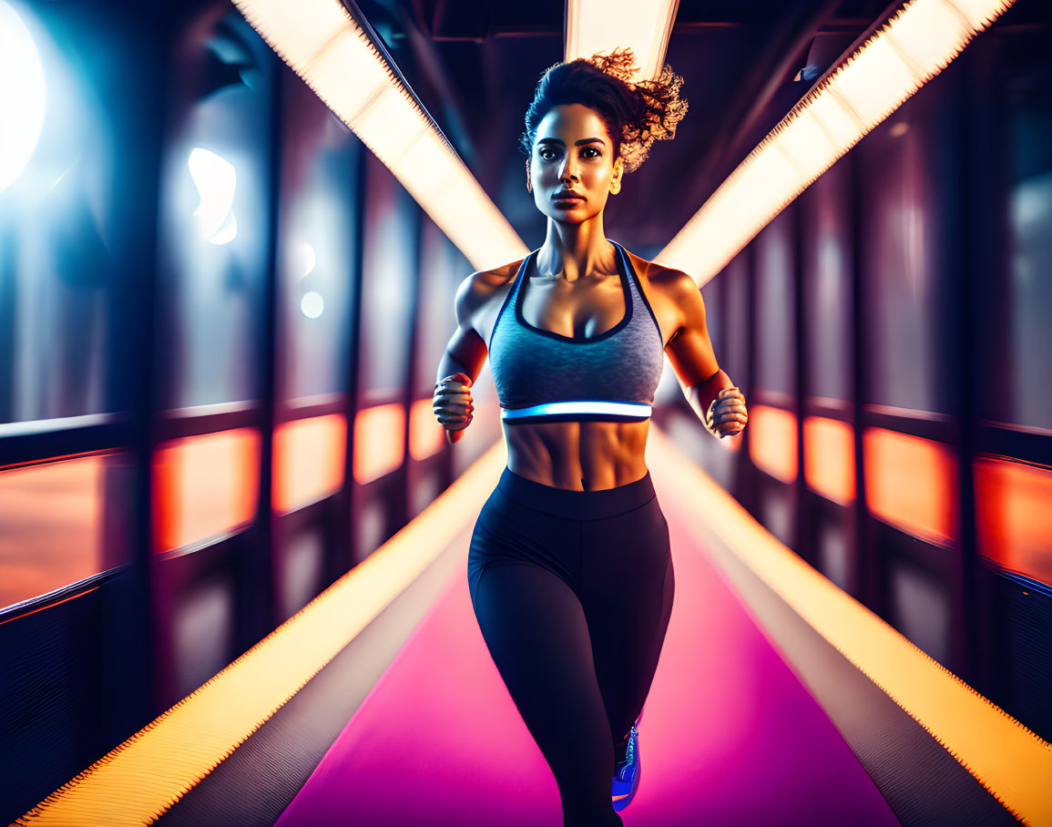 Woman jogging in neon-lit futuristic corridor with earphones