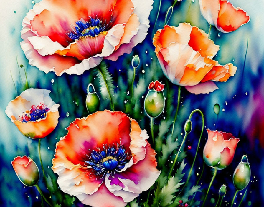 Vibrant watercolor painting of red and orange poppies on blue speckled background