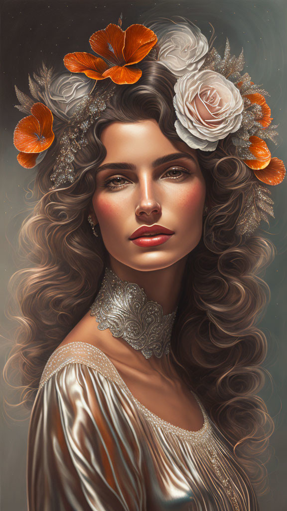 Woman portrait with curly hair, floral headdress, and silver gown