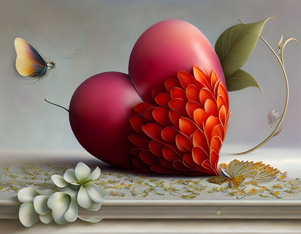 Surreal Heart-shaped Fruit with Butterfly and Vine Leaves Artwork