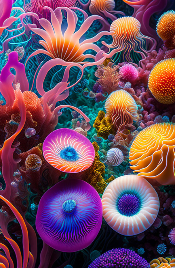 Colorful Coral and Sea Anemones in Vibrant Underwater Scene