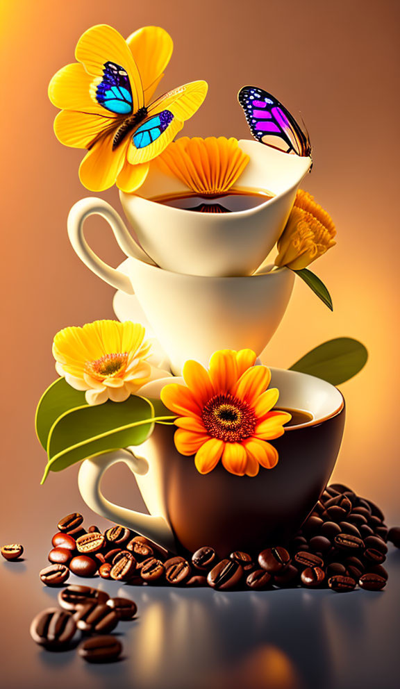 Floral and Butterfly Coffee Cup Arrangement on Coffee Beans Background