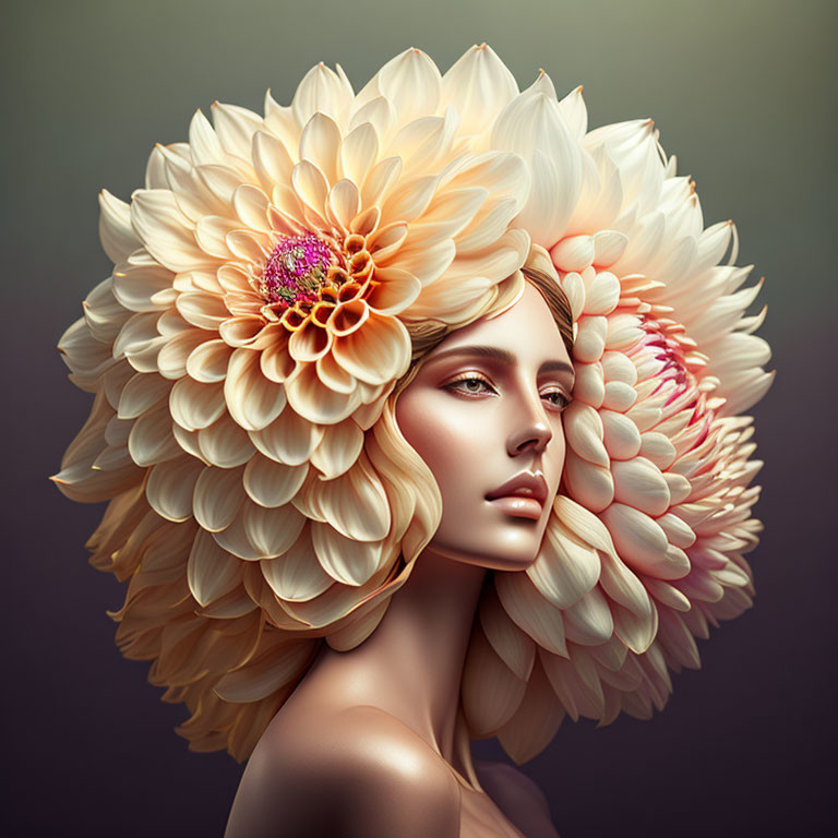 Detailed flower woman blending flora with human beauty on muted background