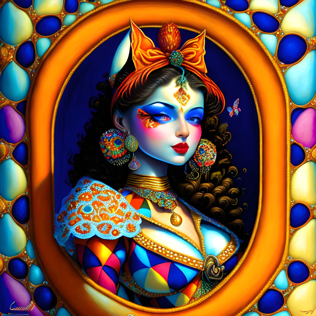 Illustrated portrait of woman with blue skin in ornate jewelry and traditional attire, surrounded by colorful be