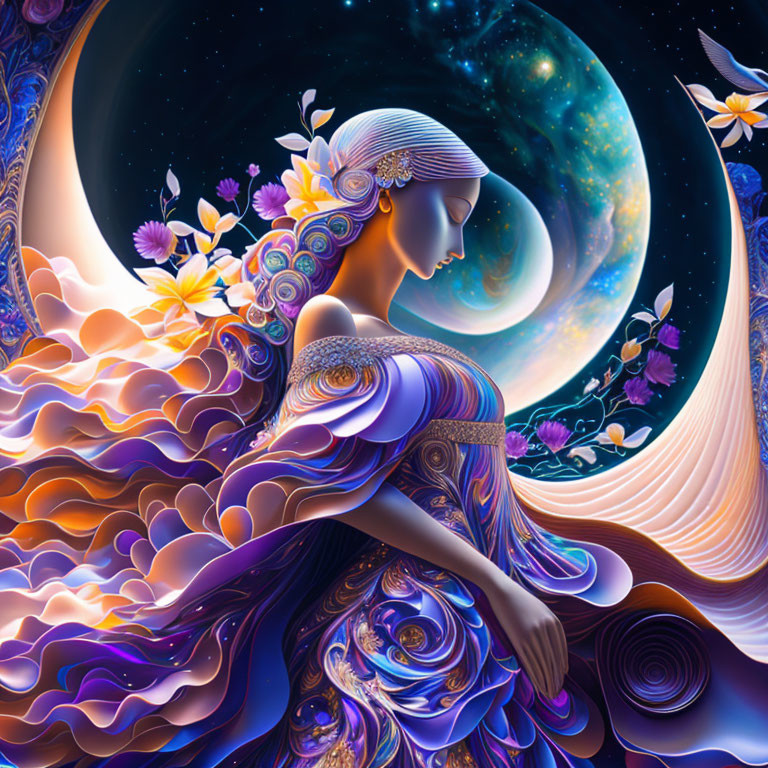 Celestial-themed illustration of a stylized woman with cosmic elements and floral motifs