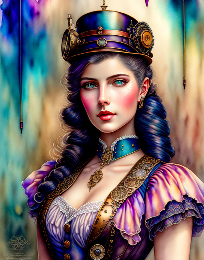 Steampunk-inspired portrait of woman in Victorian attire with blue eyes and top hat