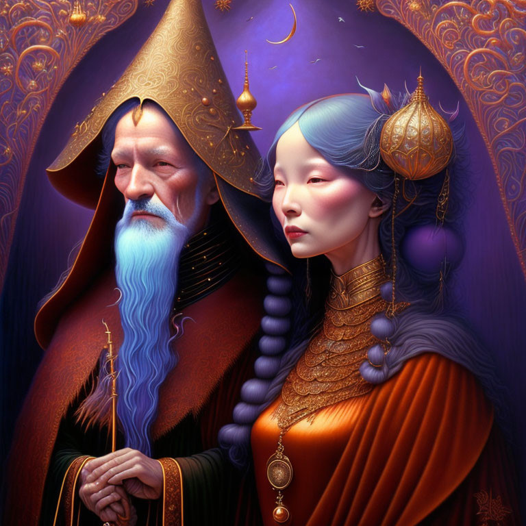 Detailed illustration: Bearded wizard and elegant woman in mystical attire