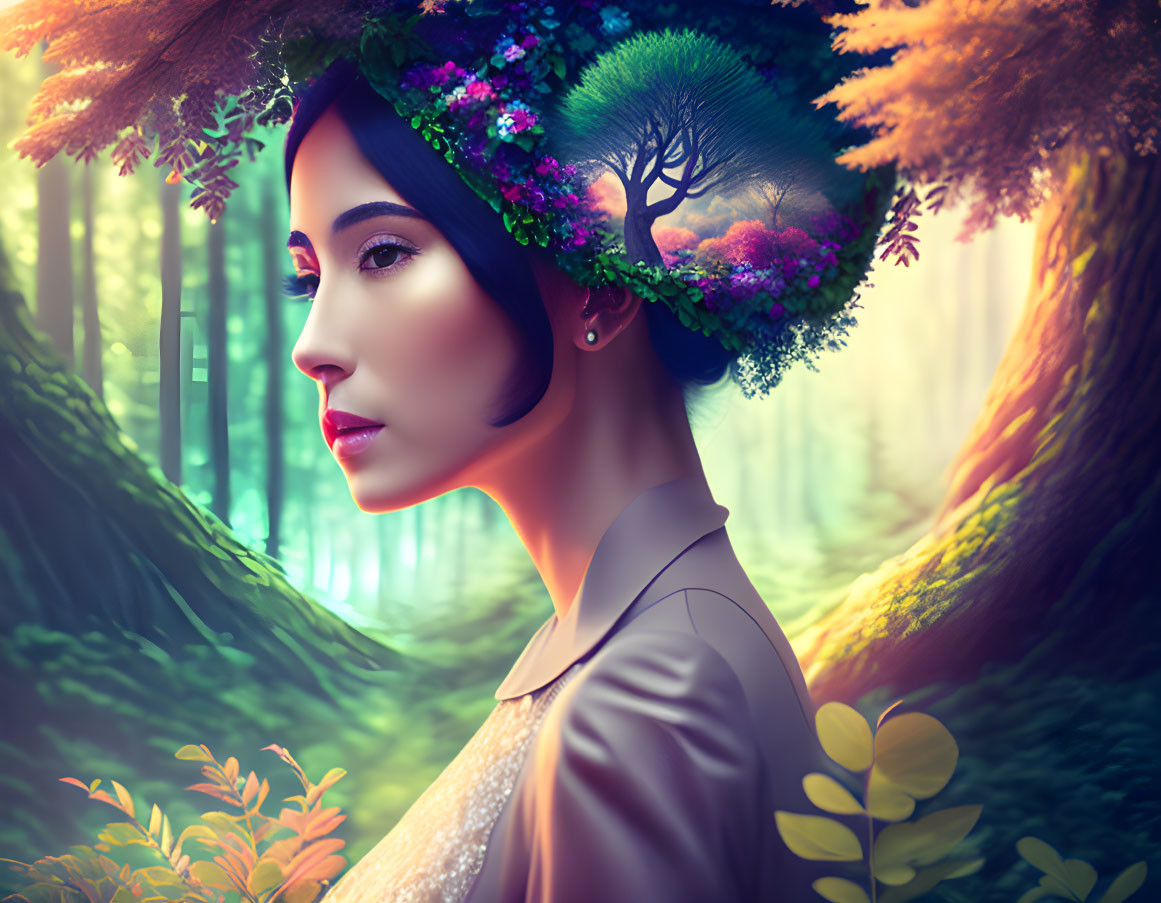 Woman with tree and flower headpiece in fantastical forest scenery