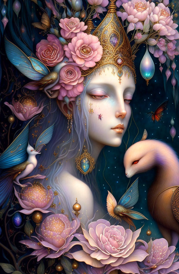 Ethereal fantasy art of blue-skinned female with pink flowers, golden crown, white bird,