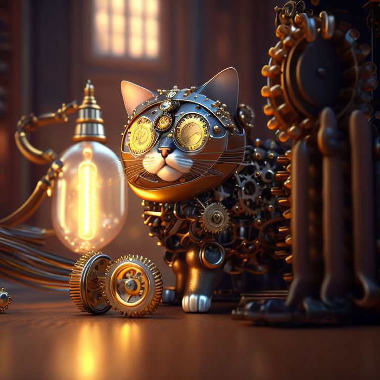 Steampunk-style cat robot with gears and bulb in vintage machinery room