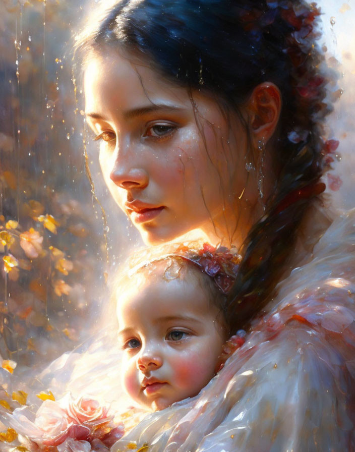 Artwork featuring woman and child in tender moment with flowers against warm background