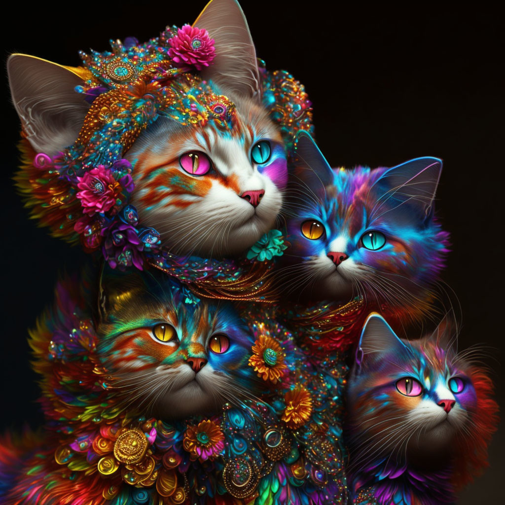 Colorful Fantastical Cats with Intricate Jewelry and Floral Patterns