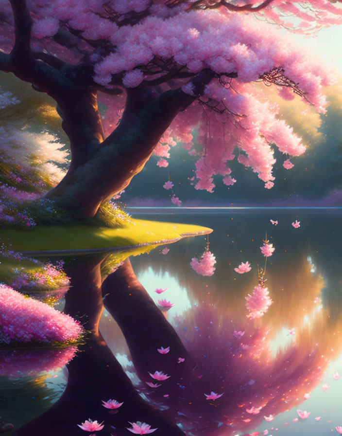 Tranquil cherry blossom tree by serene lake