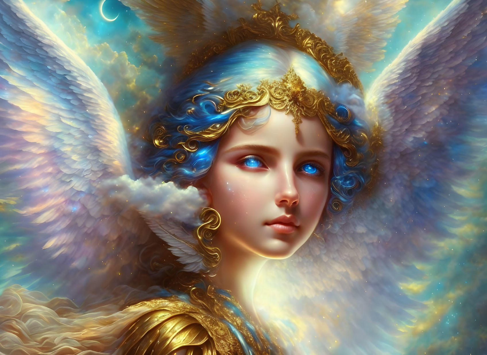 Mystical figure with blue hair and ornate gold headdress surrounded by grand luminous wings.