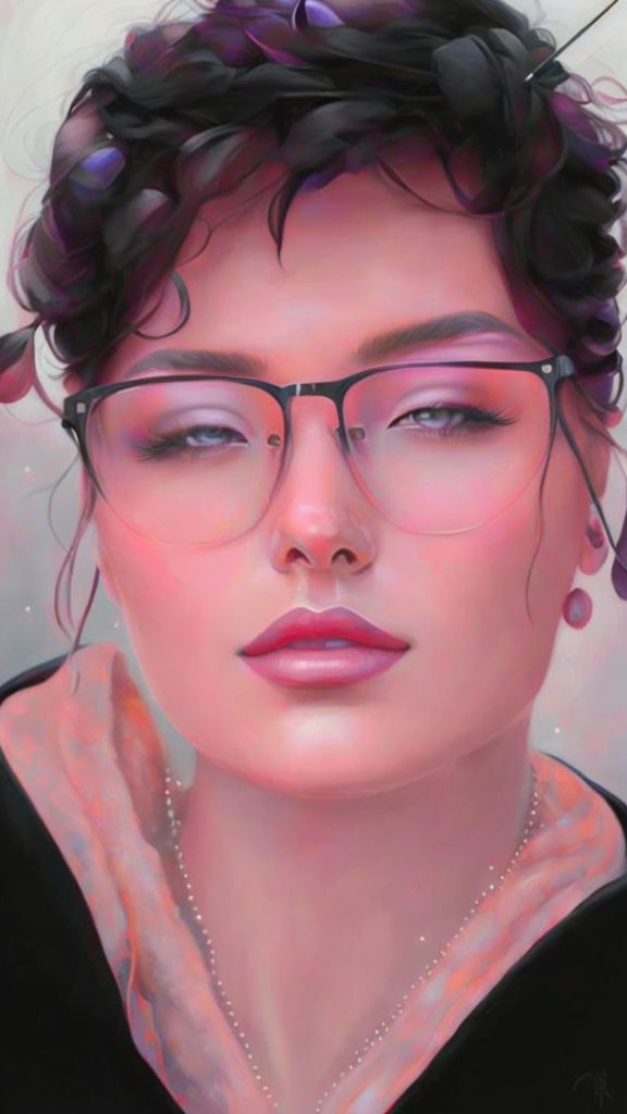 Digital painting of woman with black hair, glasses, pink lipstick, and pearl earrings
