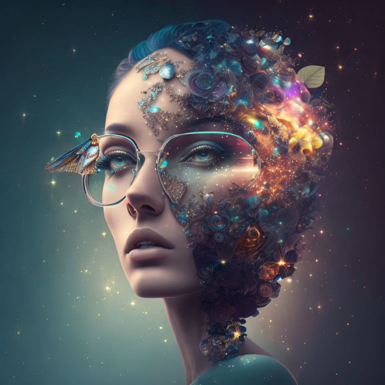 Surreal portrait of woman with cosmic floral head design and glasses