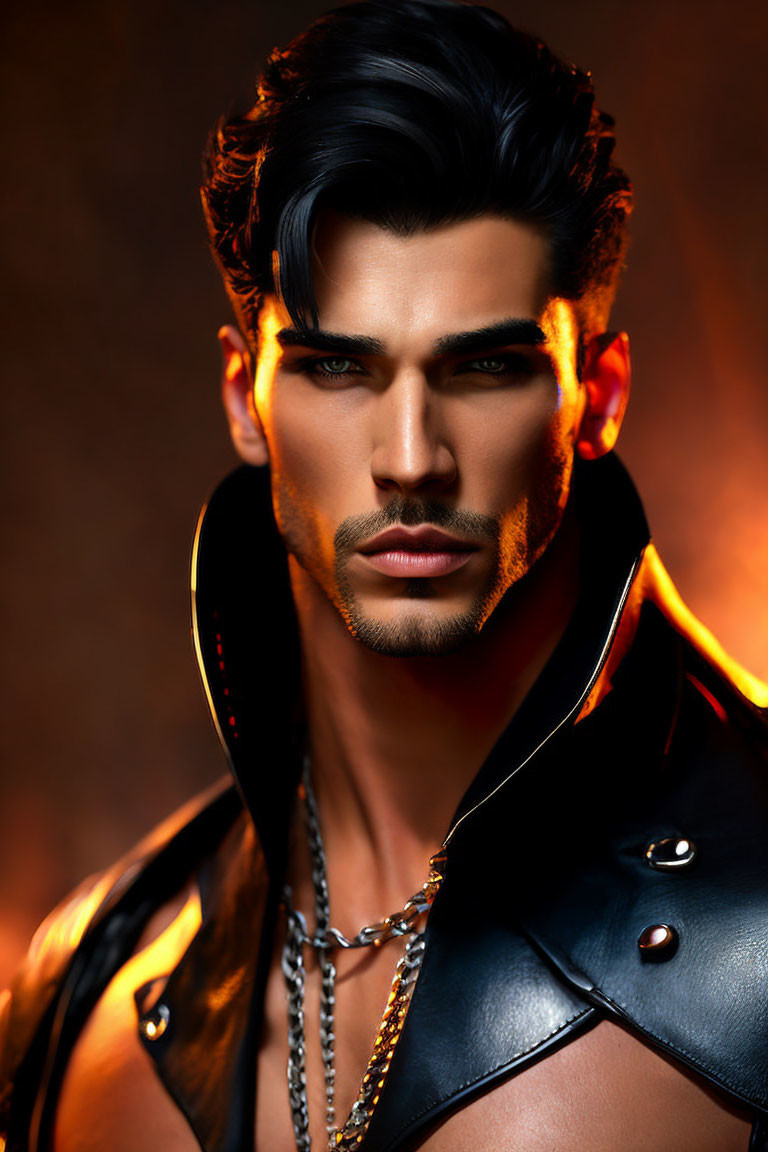 Digital illustration: Sharp-featured man in leather jacket with styled hair and chain, against warm backdrop