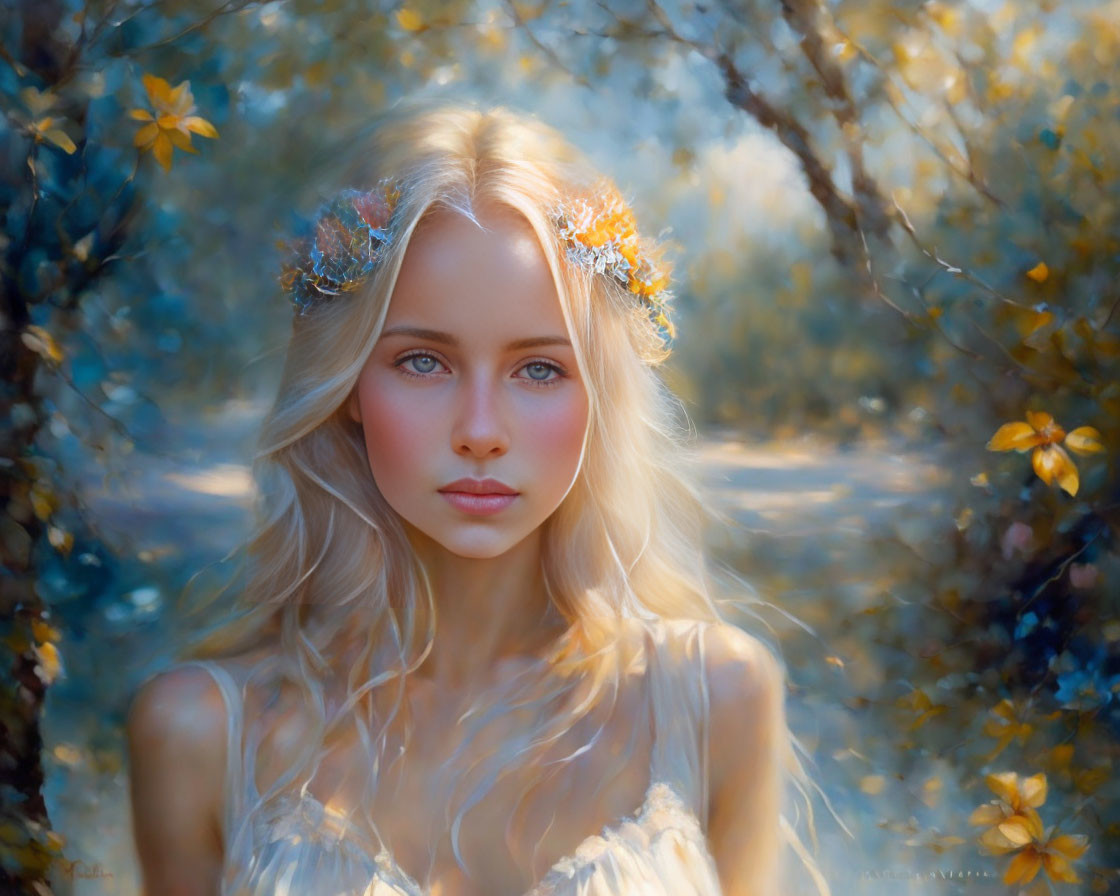 Blond woman with floral crown in sunlit forest portrait