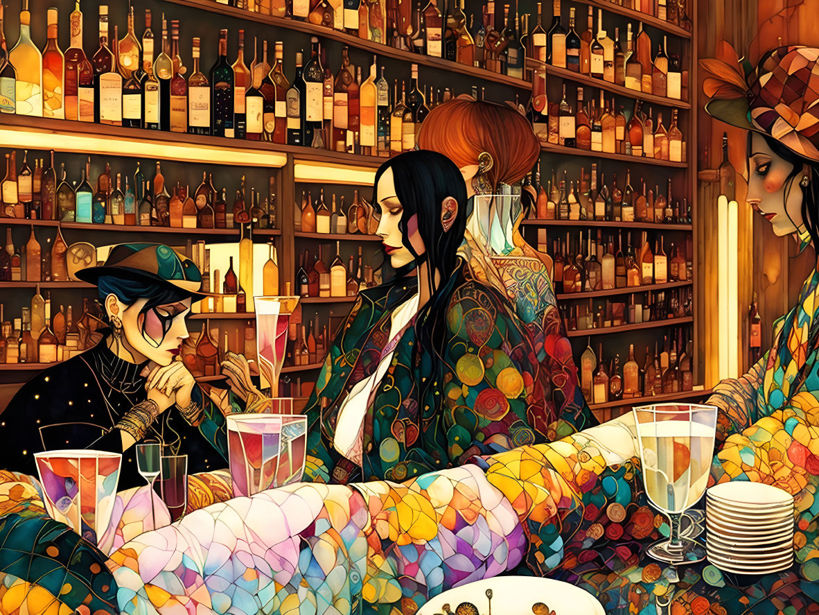 Colorful Bar Scene Illustration with Intricate Tattoos and Glassware