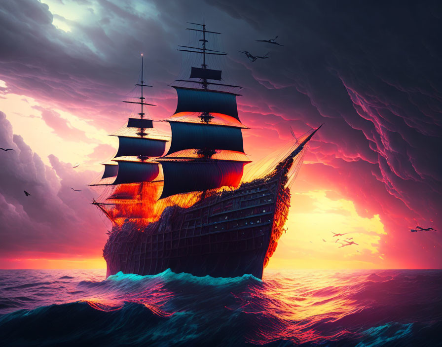 Sailing ship on ocean at sunset with birds and clouds