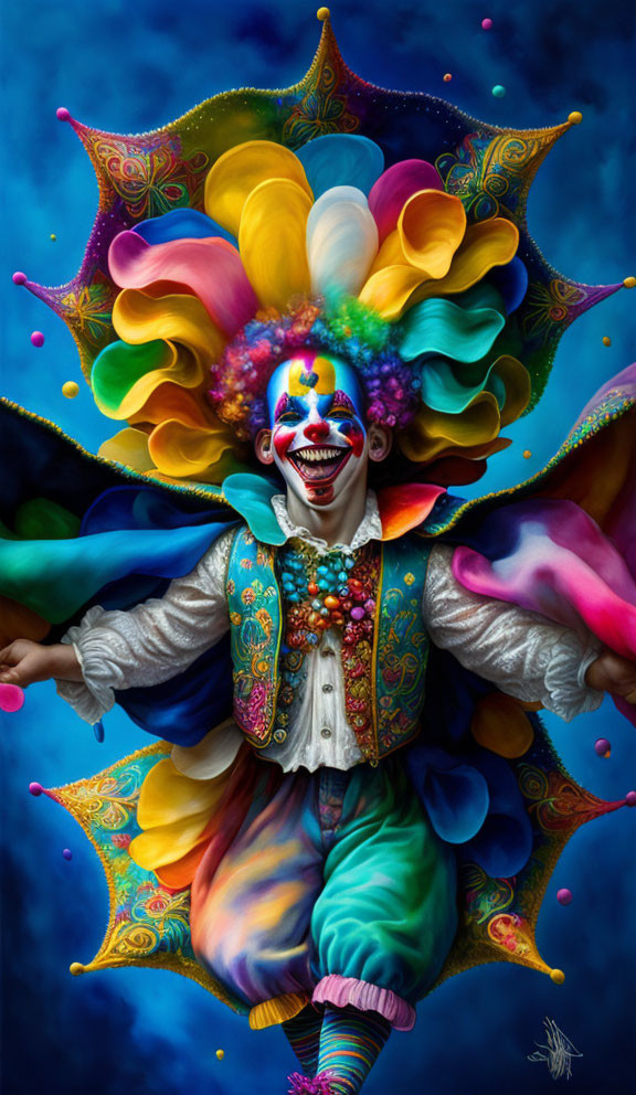 Colorful Clown Painting with Flower-like Ruff and Whimsical Costume