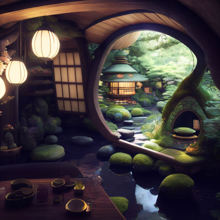 Tranquil Japanese-style indoor garden with lantern light, moss-covered stones, small bridge, lush green