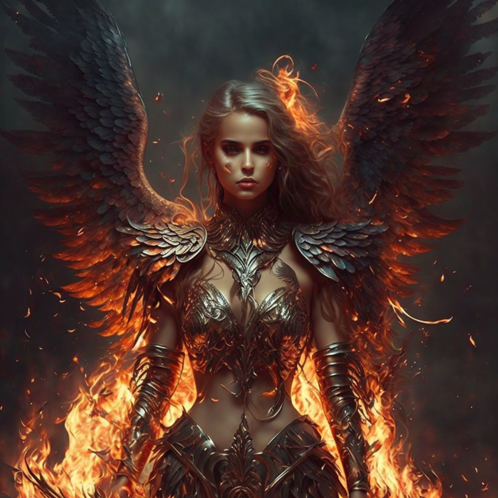 Dark angelic winged woman in metallic armor exudes mystical power