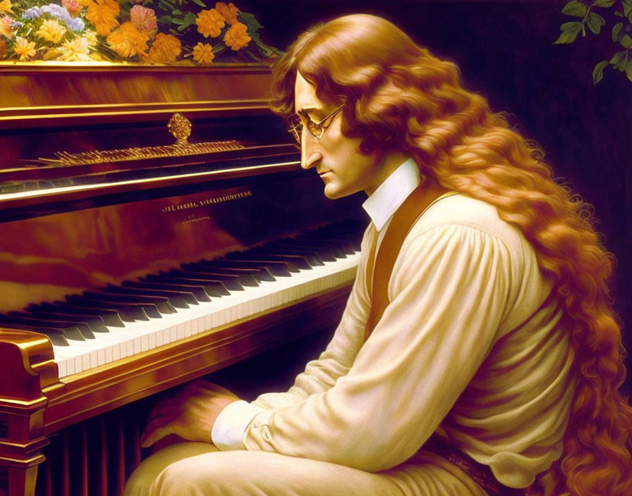 Long-haired man in historical dress seated at piano with flowers