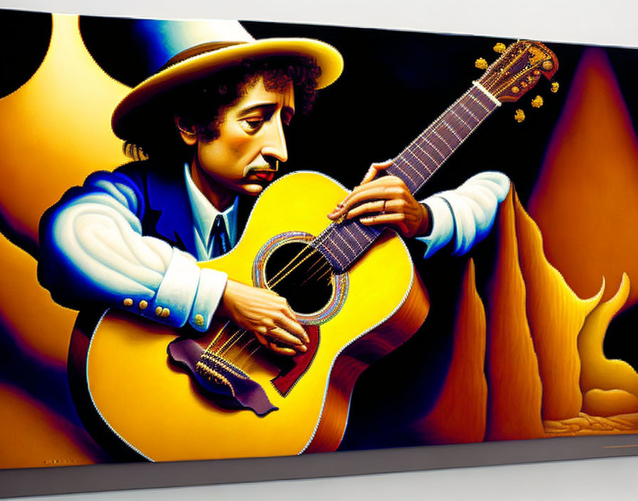 Vibrant surreal illustration of person playing guitar in hat and blue jacket