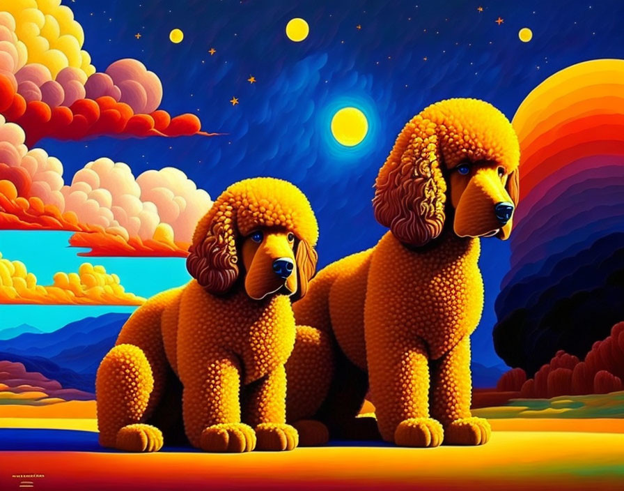 Stylized poodles in vibrant, colorful celestial landscape