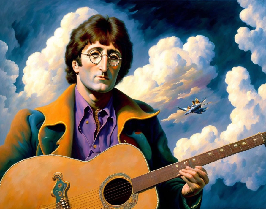 Stylized portrait of man with round glasses holding guitar in cloudy backdrop