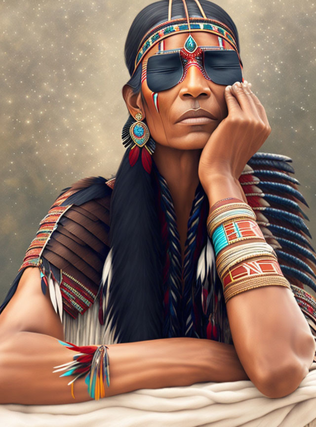 Digital portrait of Native American woman in traditional attire with beaded headband and earrings