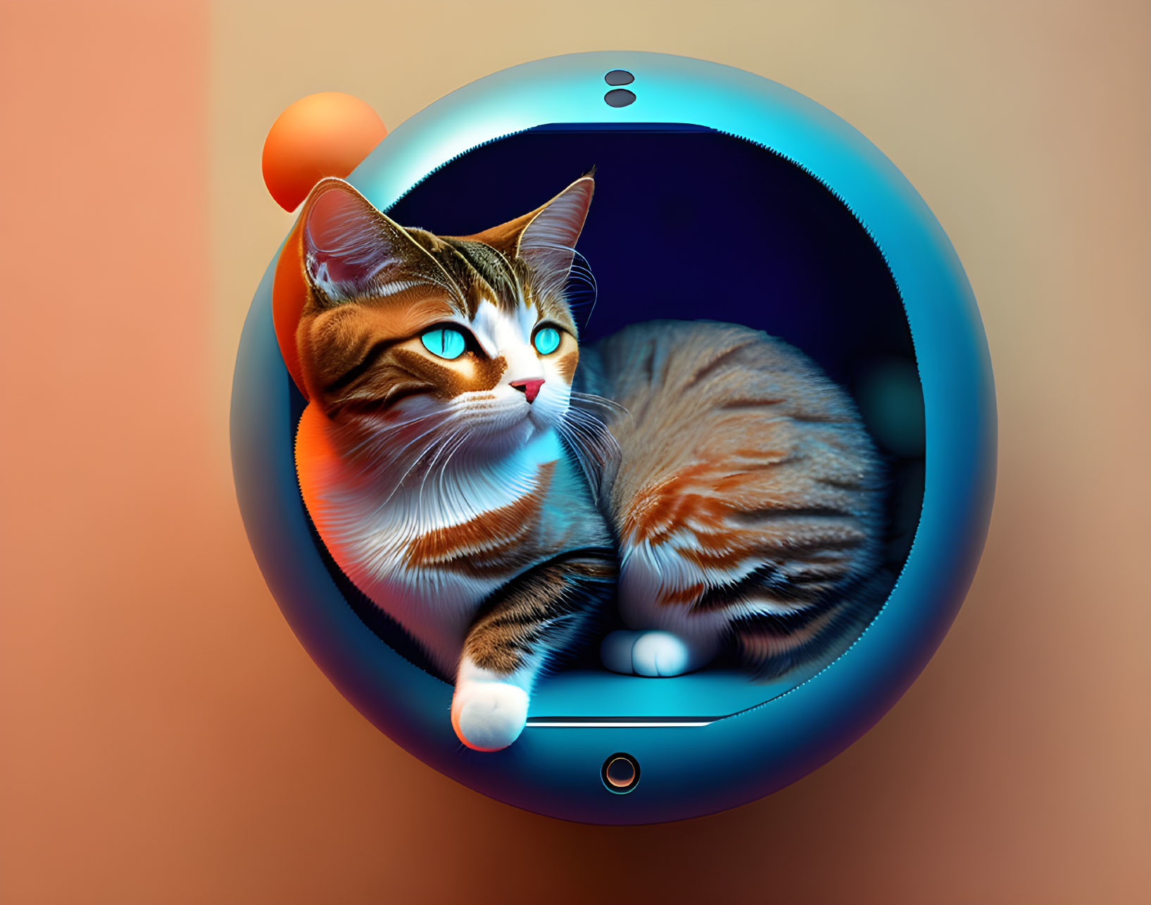 Tabby Cat with Striking Eyes in Futuristic Spherical Device