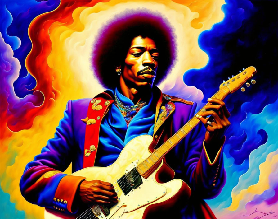 Colorful Portrait of Musician with Afro Playing Guitar