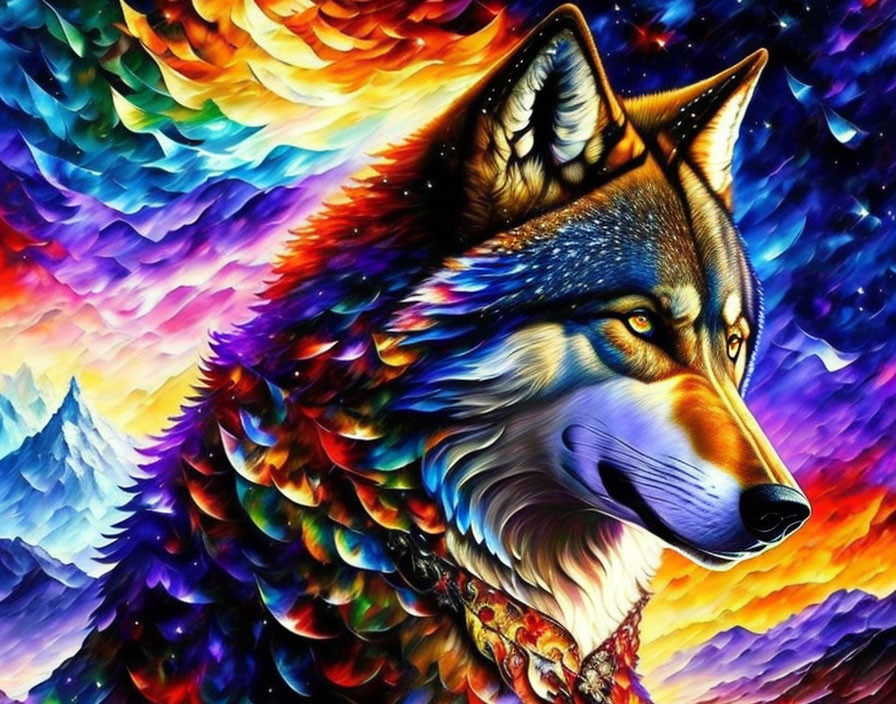 Colorful Wolf Art with Psychedelic Background in Blue, Orange, Purple, Yellow