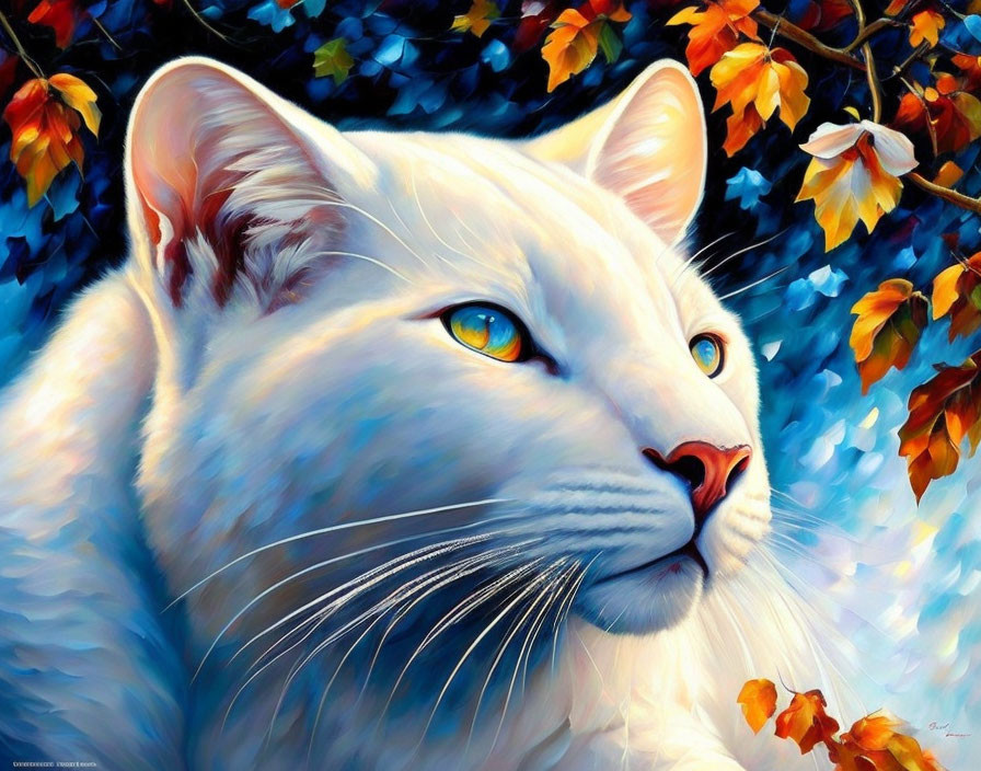 White cat with blue eyes in autumn leaves scene